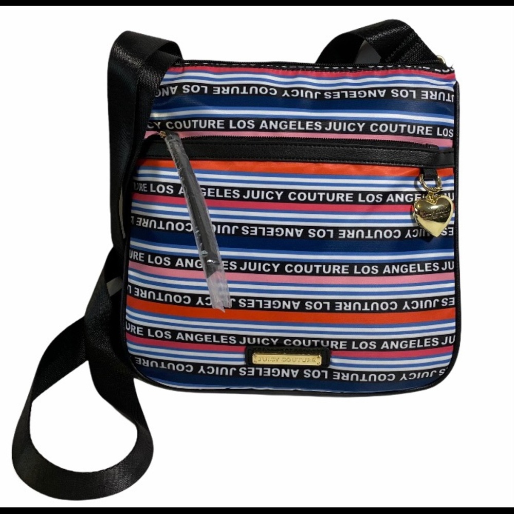 Juicy Couture Crossbody Bag Sporty Stripe Glitter Sport Zip Top Puff Heart